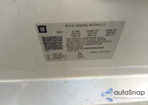 2019 GMC Yukon Denali z USA, uszkodzony, nr VIN 1GKS2CKJ6KR402358